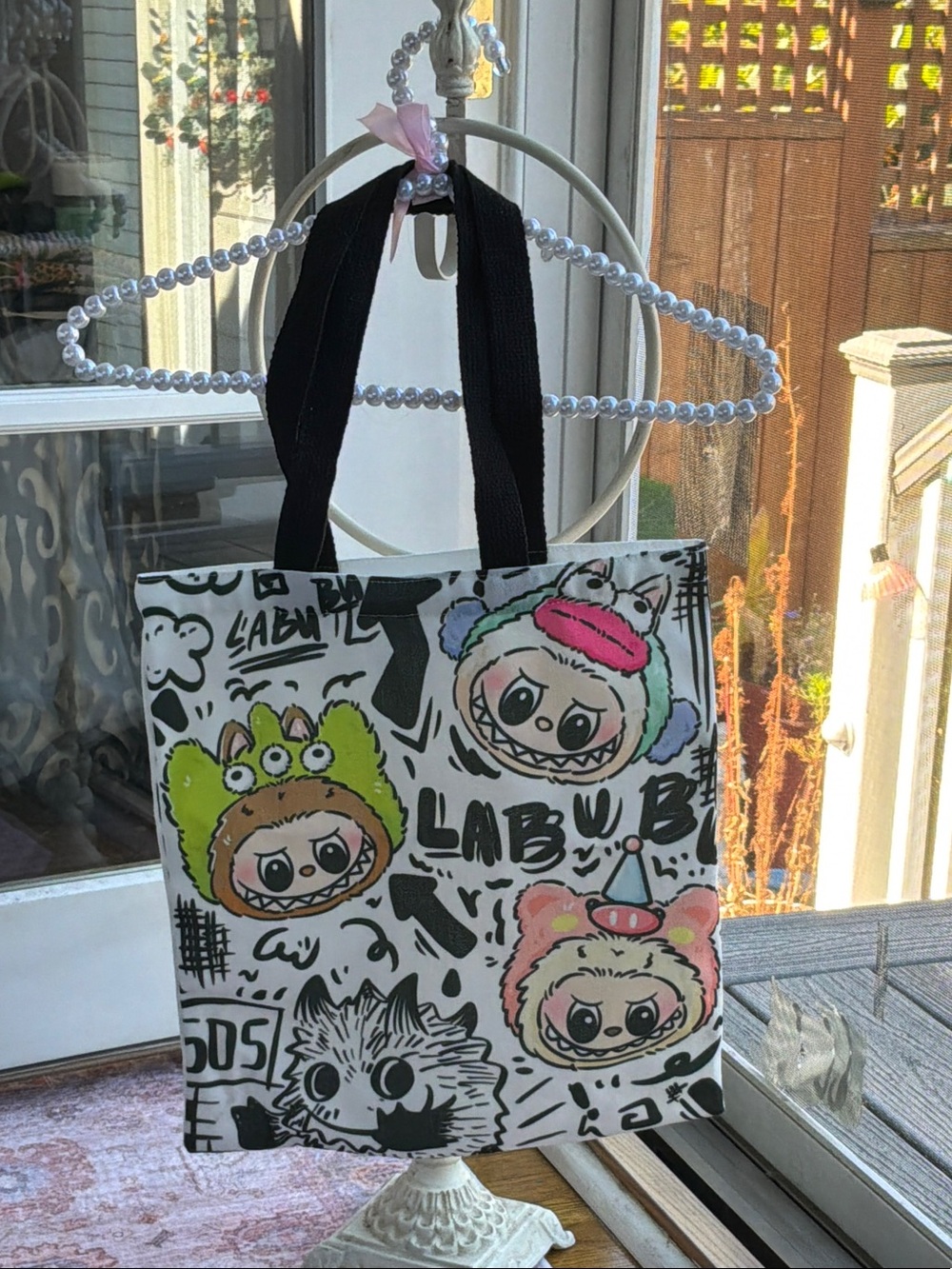 Graphic Cartoon Tote Bag in White with Black Handles
